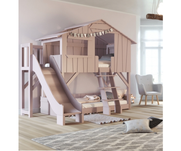 Letto a castello con scivolo e piattaforma, modello Treehouse, 90 x 190 cm, di MATHY BY BOLS -